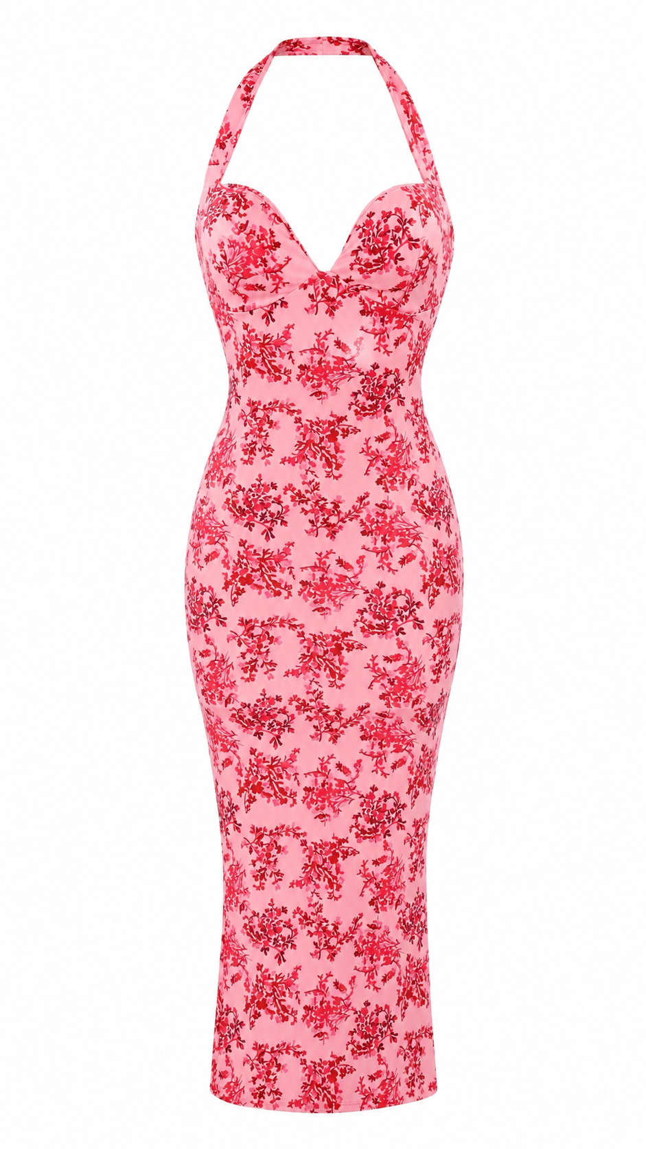 Vestido largo ajustado con estampado floral rojo