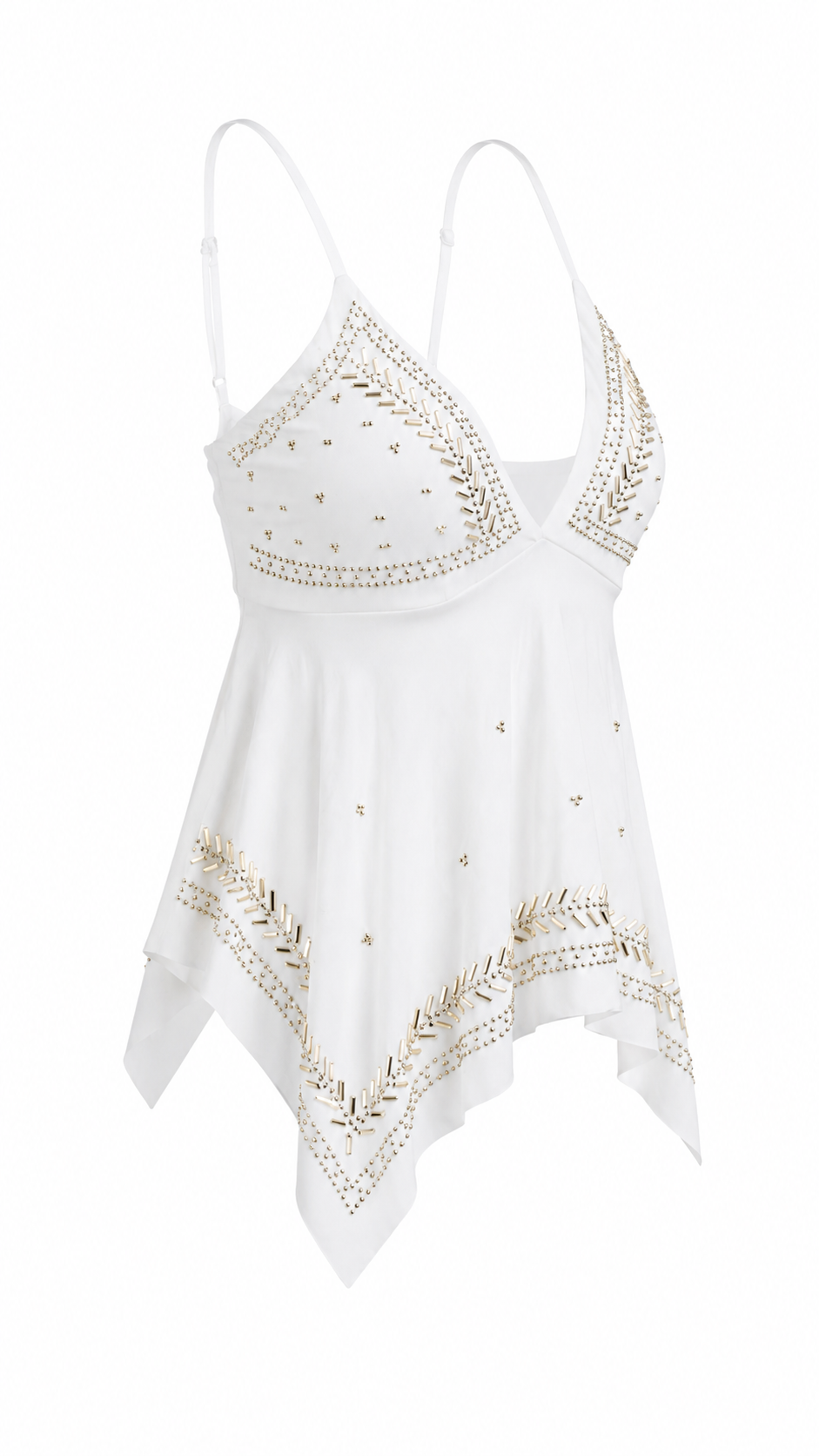 Top con coppe triangolari e strass dorati