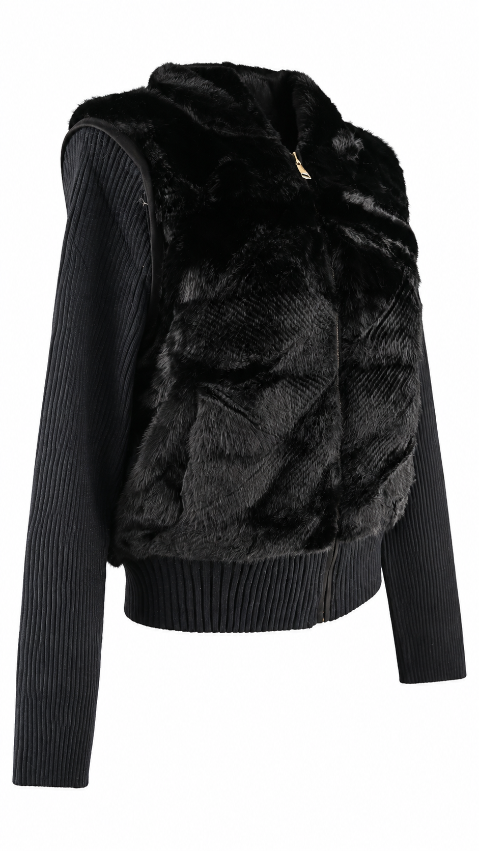 Giacca/Gilet  con cappuccio in ecopelliccia e maniche in maglia a coste