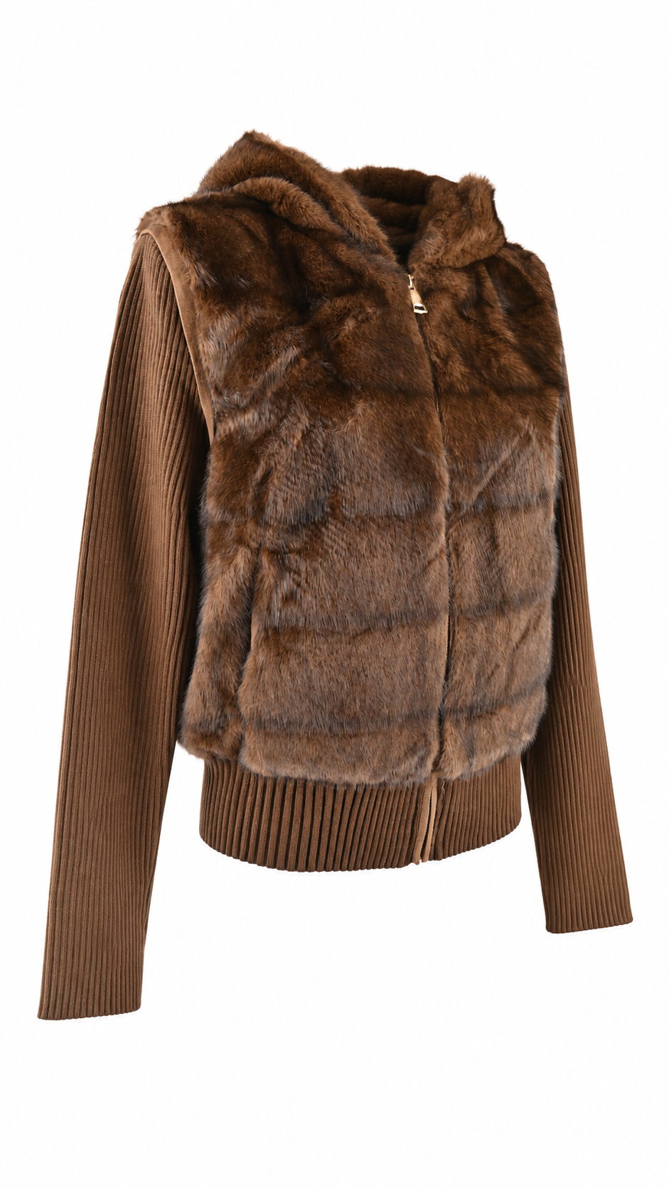 Giacca/Gilet  con cappuccio in ecopelliccia e maniche in maglia a coste