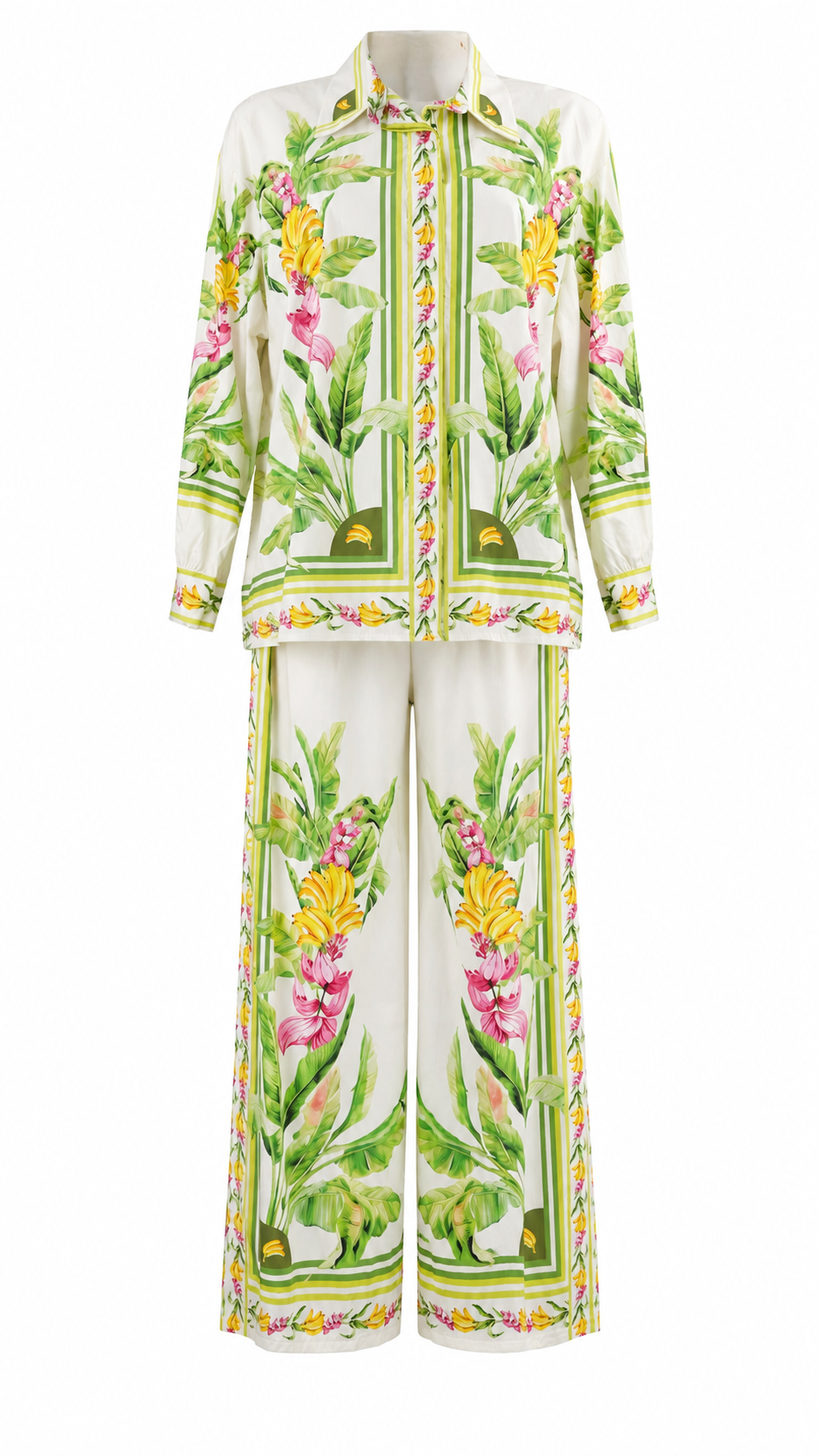 Pantaloni palazzo con stampe tropicali e dettagli animalier