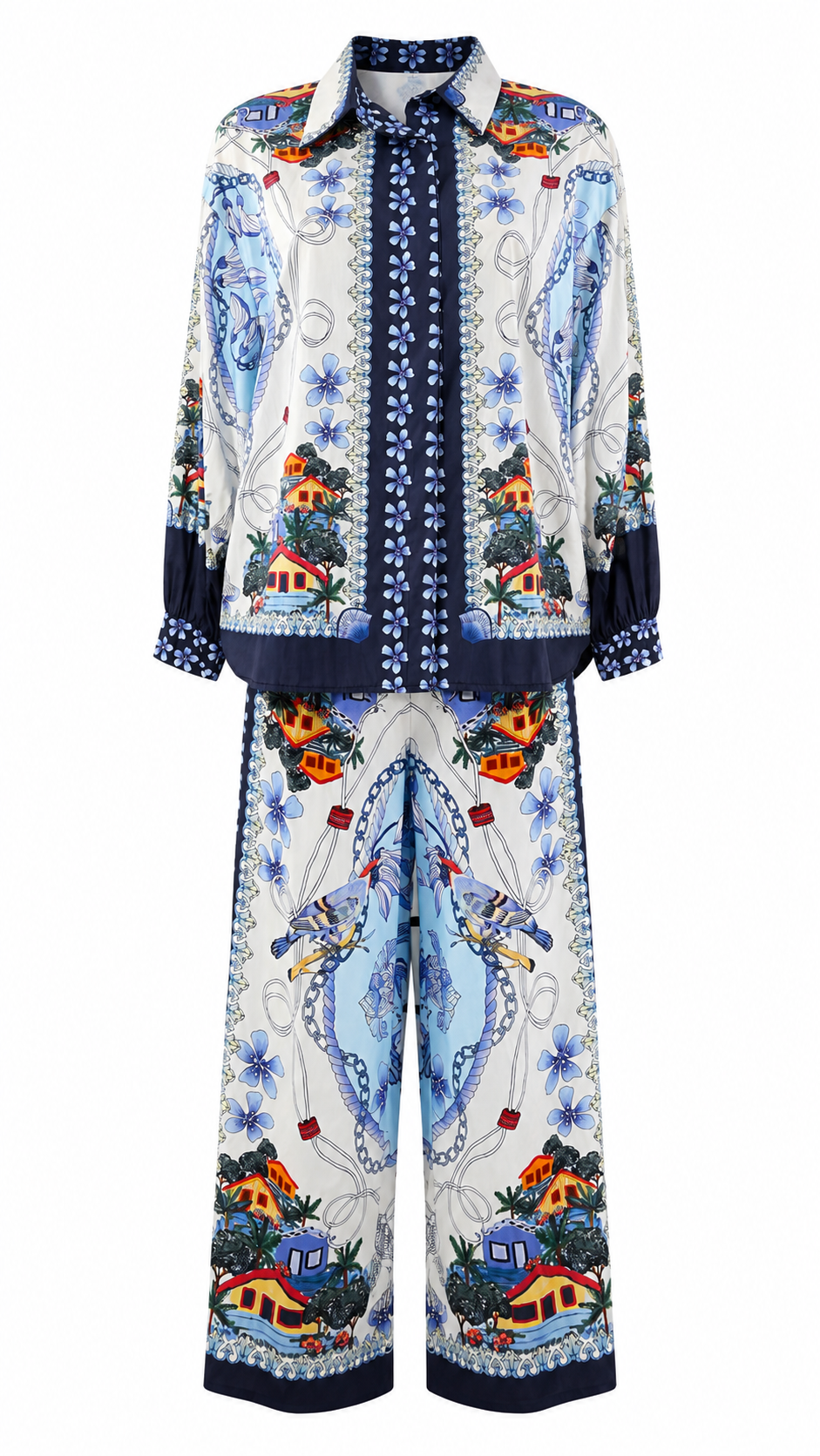 Pantaloni palazzo con stampe tropicali e dettagli animalier