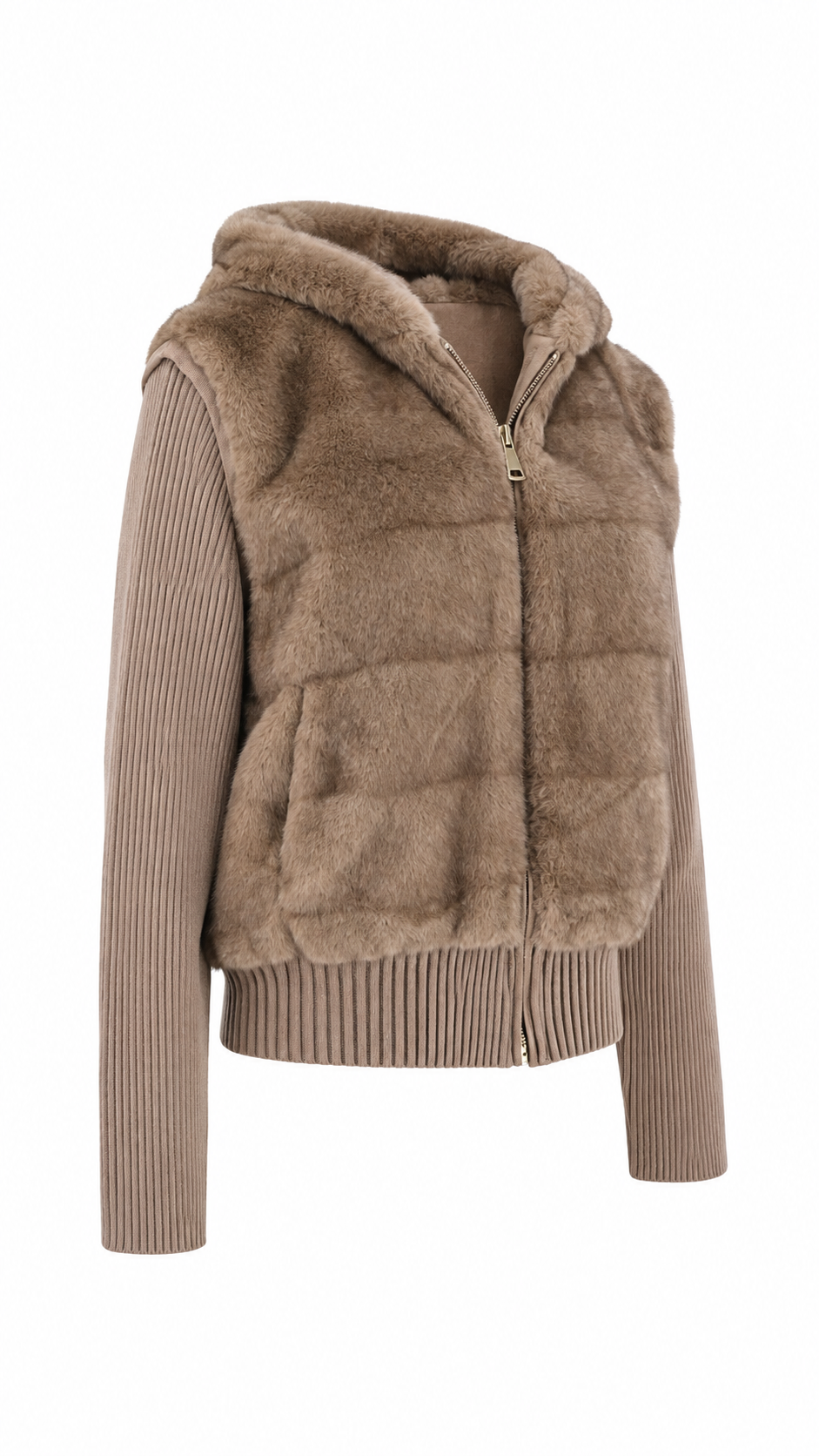 Giacca/Gilet  con cappuccio in ecopelliccia e maniche in maglia a coste