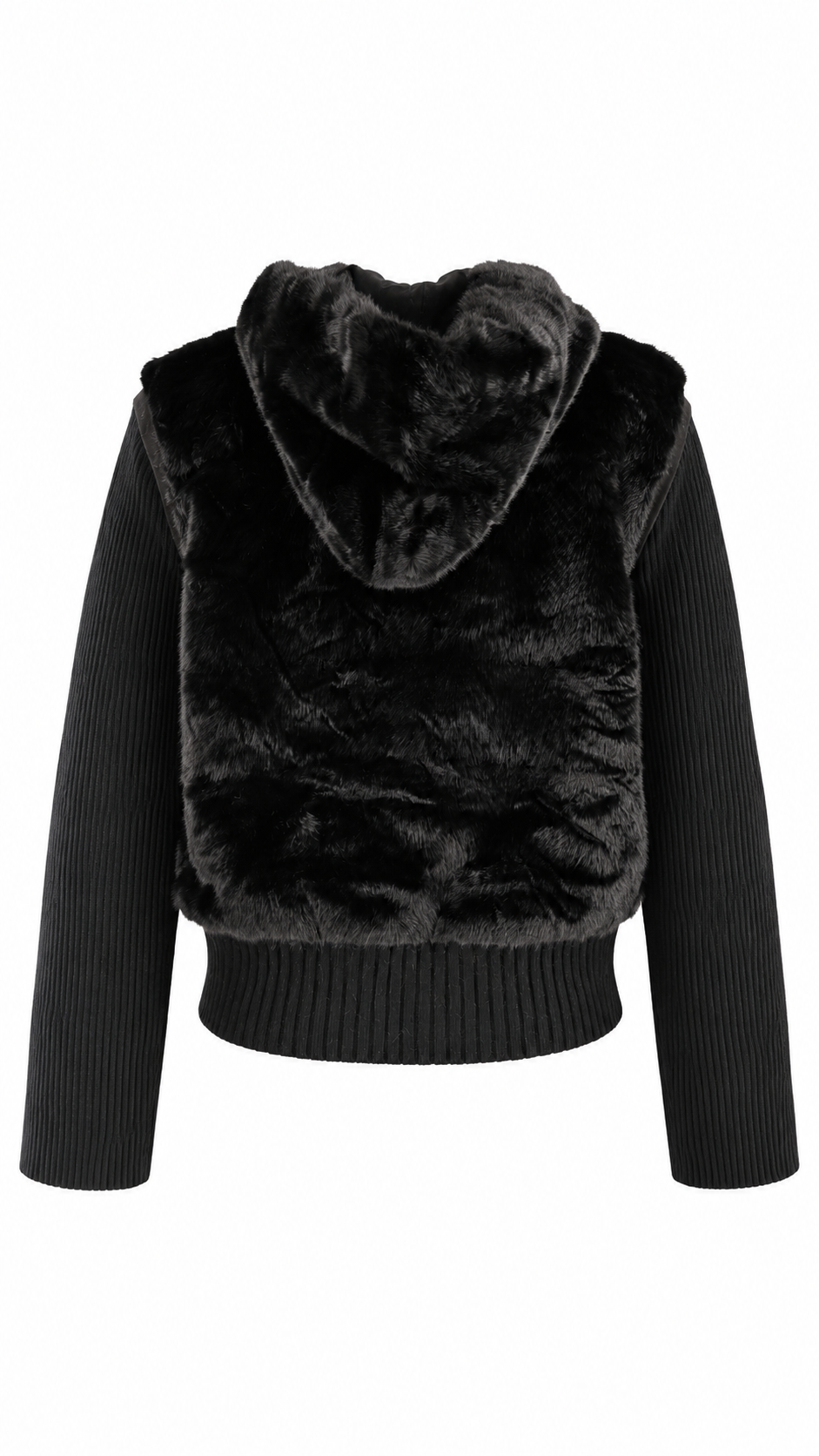 Giacca/Gilet  con cappuccio in ecopelliccia e maniche in maglia a coste