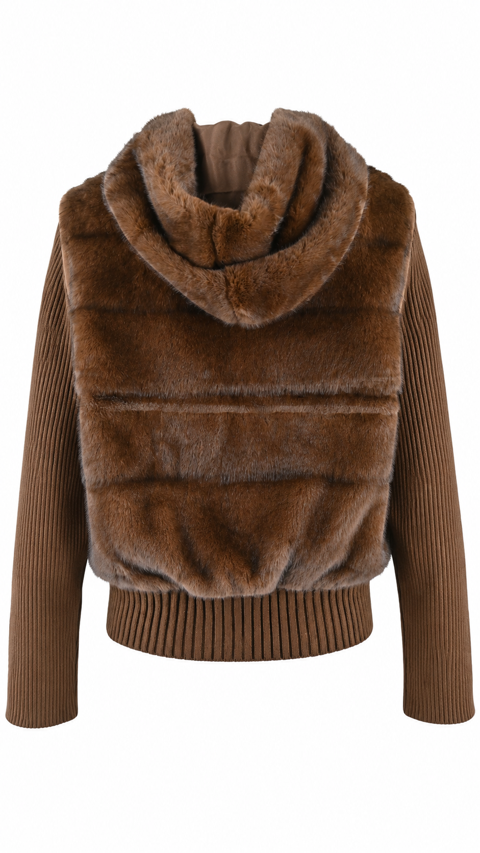 Giacca/Gilet  con cappuccio in ecopelliccia e maniche in maglia a coste