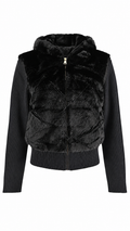 Giacca/Gilet  con cappuccio in ecopelliccia e maniche in maglia a coste