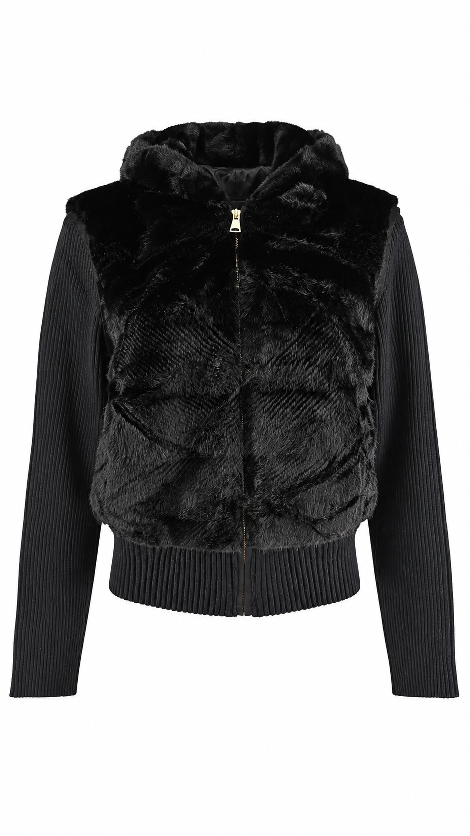 Giacca/Gilet  con cappuccio in ecopelliccia e maniche in maglia a coste