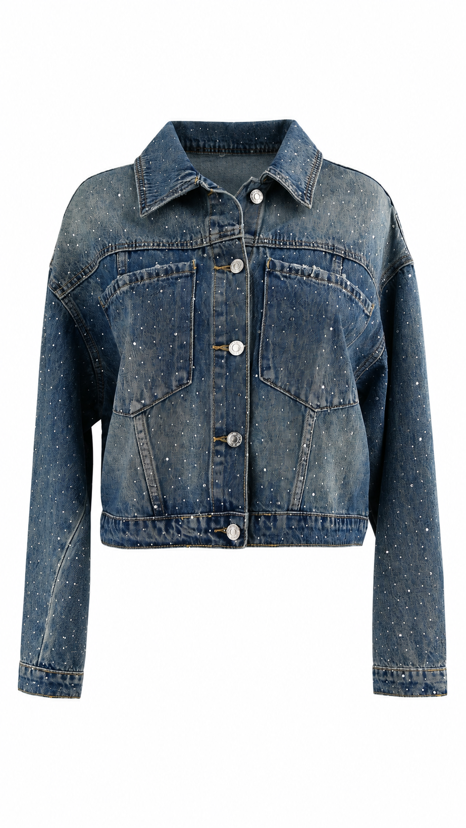 Giacca denim cropped effetto strass all over