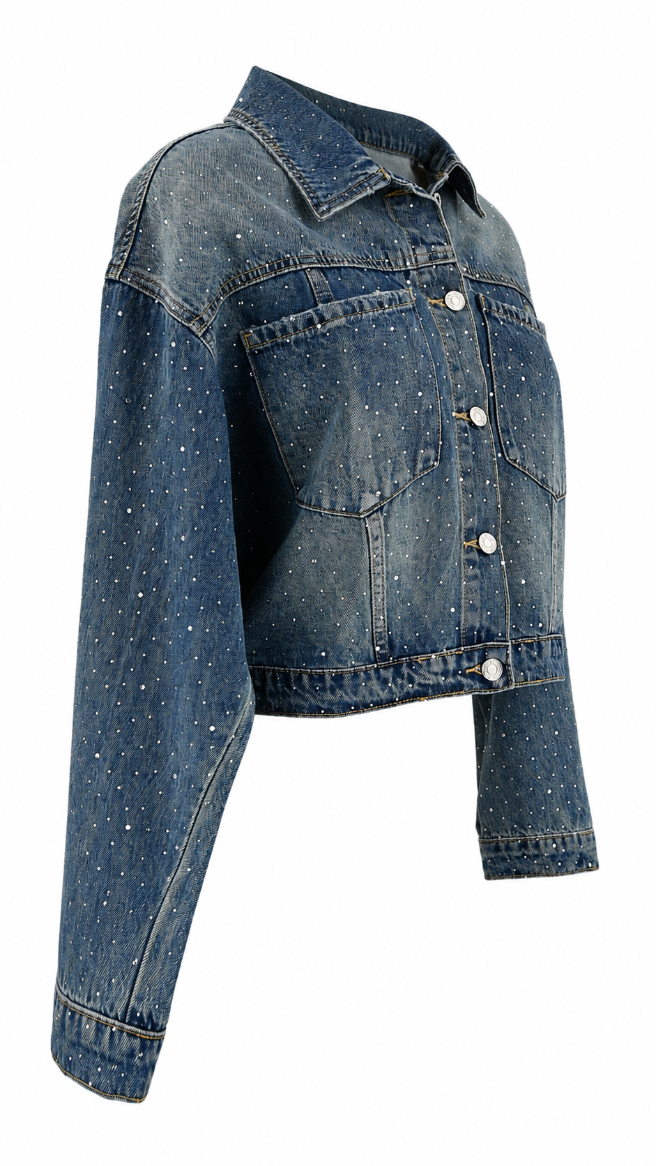 Giacca denim cropped effetto strass all over