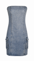 Abito corto a fascia denim con brillantini