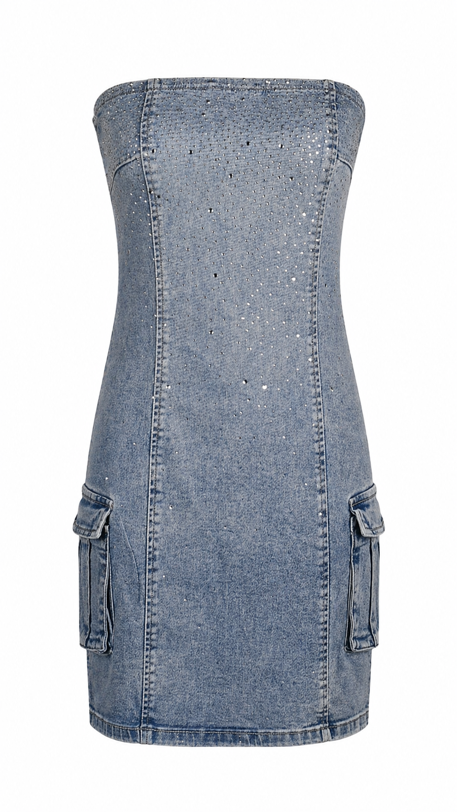 Abito corto a fascia denim con brillantini