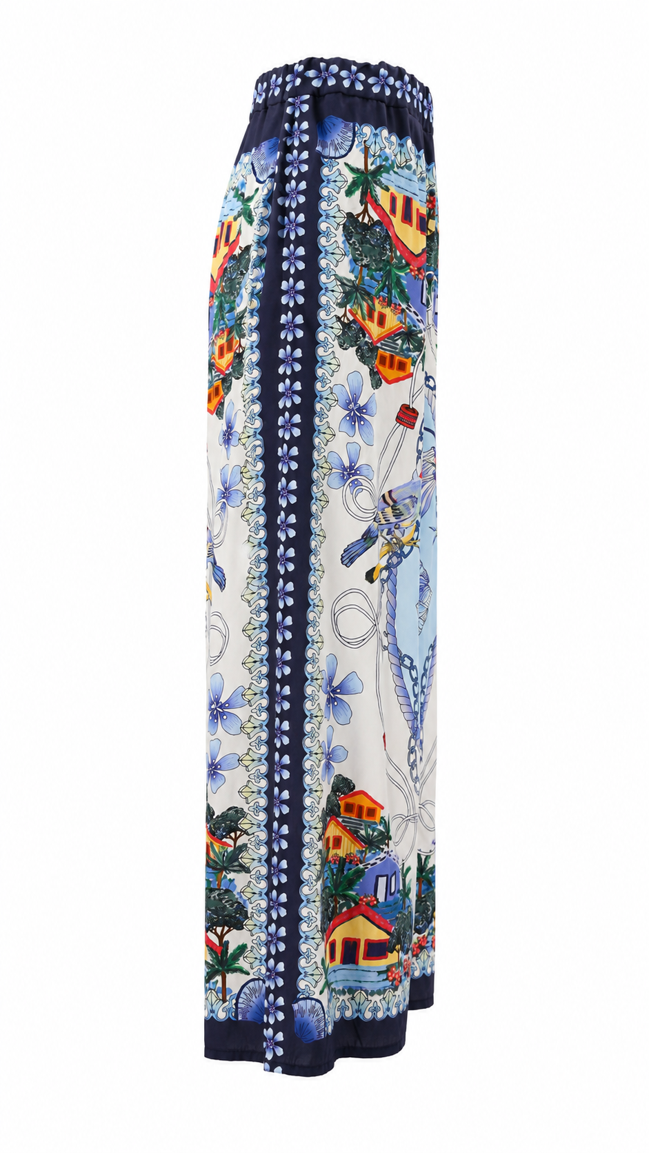 Pantaloni palazzo con stampe tropicali e dettagli animalier