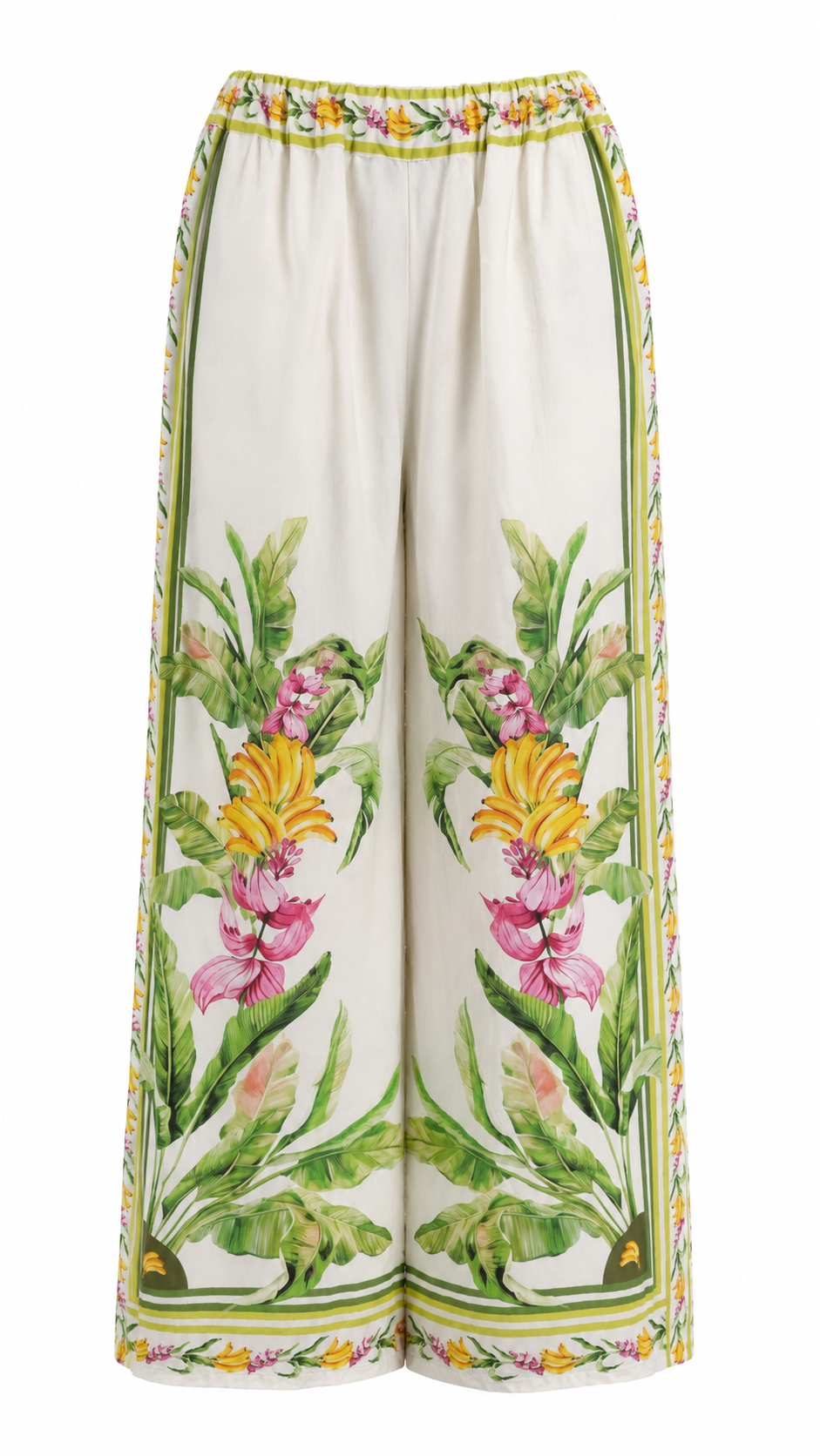 Pantaloni palazzo con stampe tropicali e dettagli animalier