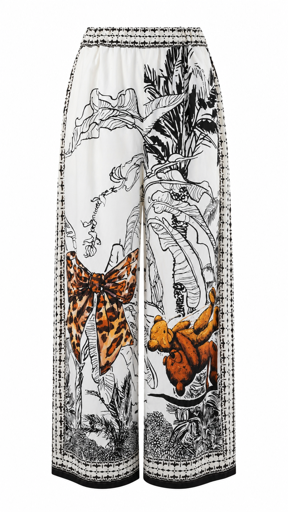 Pantaloni palazzo con stampe tropicali e dettagli animalier