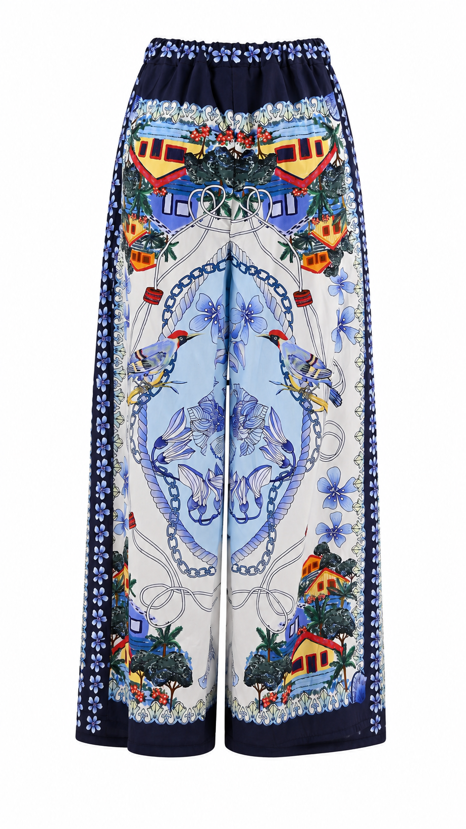Pantaloni palazzo con stampe tropicali e dettagli animalier