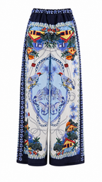 Pantaloni palazzo con stampe tropicali e dettagli animalier