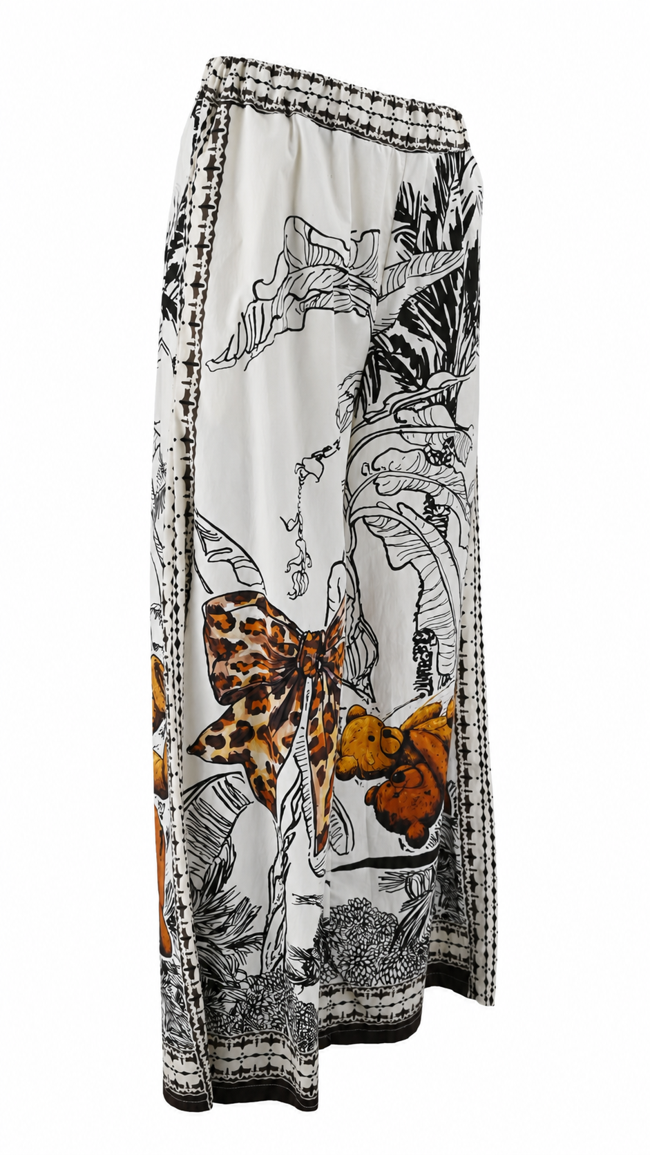 Pantaloni palazzo con stampe tropicali e dettagli animalier