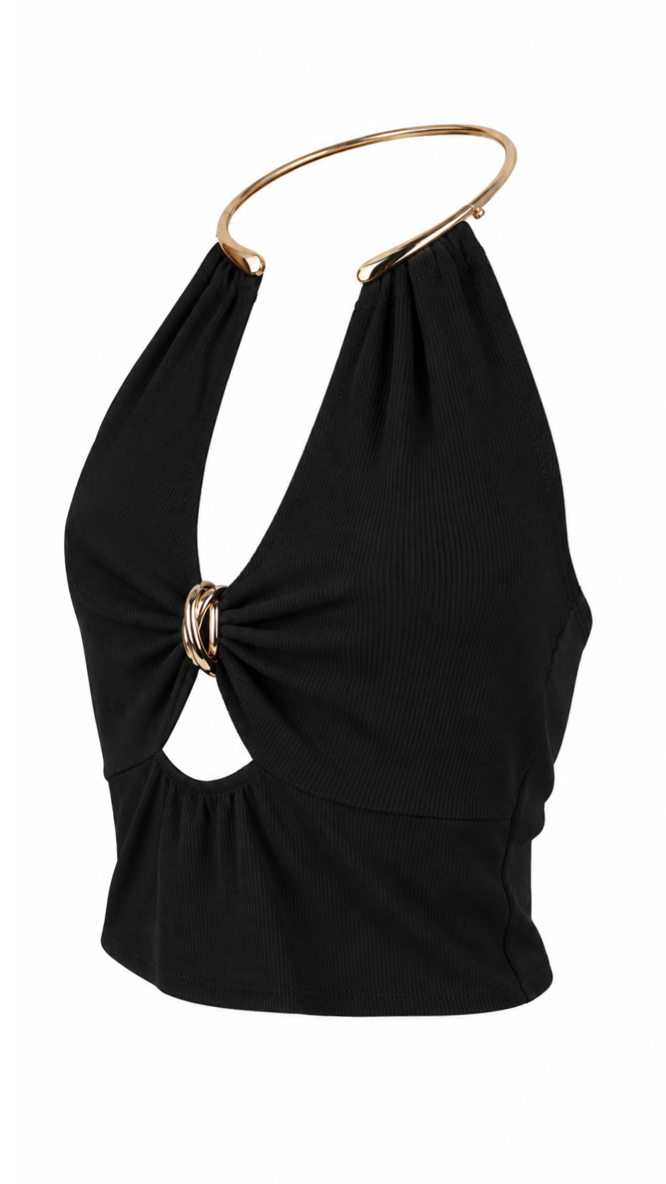 Top halter a coste con anello metallico oro
