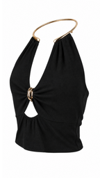 Top halter a coste con anello metallico oro
