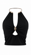 Top halter a coste con anello metallico oro
