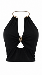 Top halter a coste con anello metallico oro