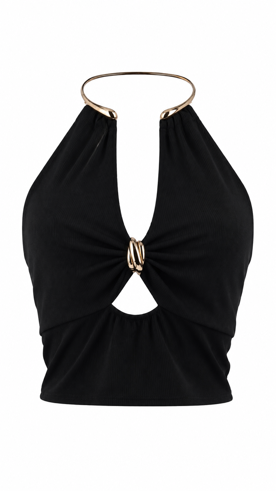Top halter a coste con anello metallico oro