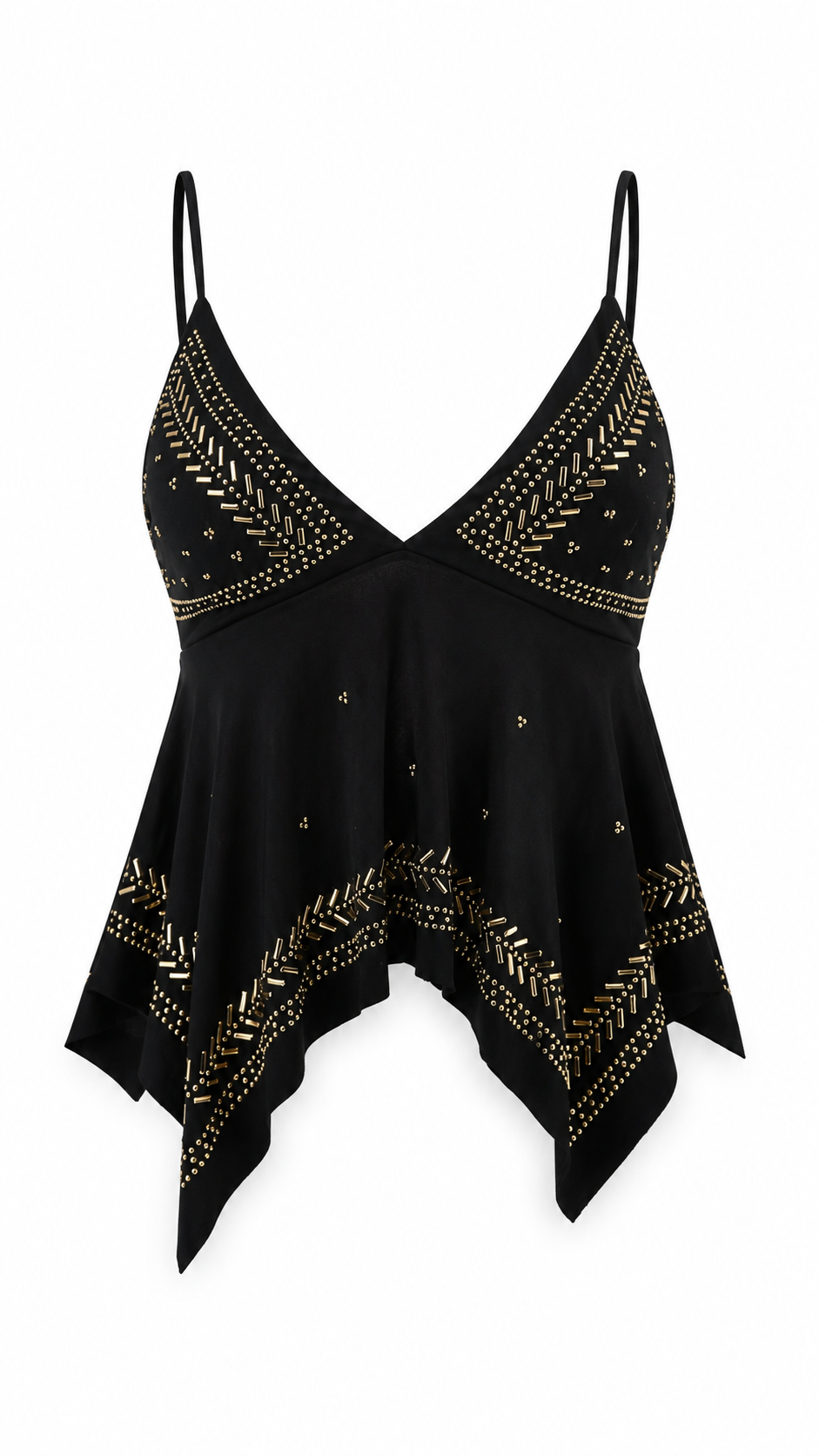 Top con coppe triangolari e strass dorati